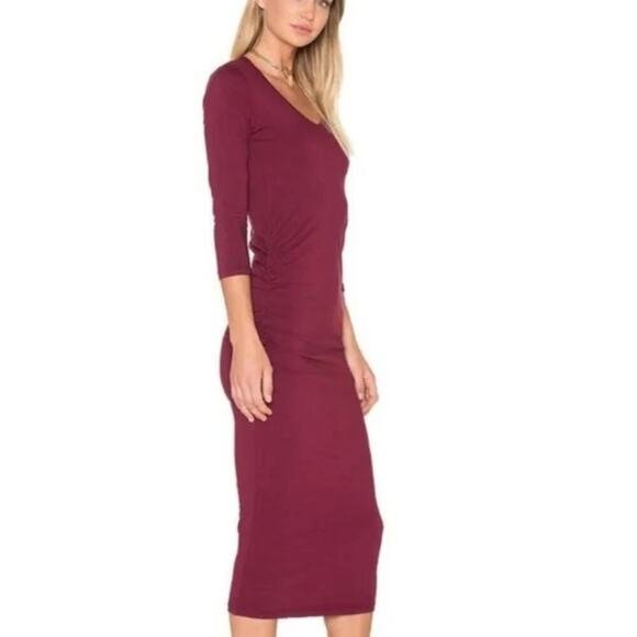 Michael Stars Women's Red Purple Ruched Long Sleeves Midi Dress Size Large - Picture 2 of 9